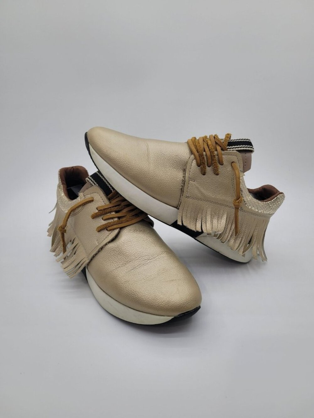 ShuShop Pepa Metallic Gold Fringe Trim Leather Lace Sneakers Size 8 - READ